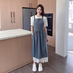 Pinafore Apron Dress，Japanese Cotton Linen Cross Back Apron for Women with Pockets，Pinafore Dress with Waist Ties (Turquoise Blue)