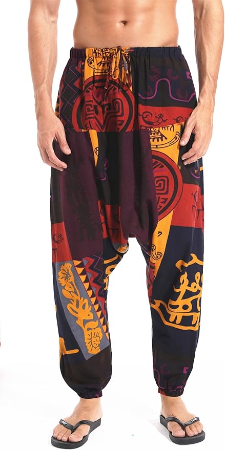 AITFINEISM Men's Drawstring Aladdin Hippie Harem Pants Loose Drop Crotch Trousers