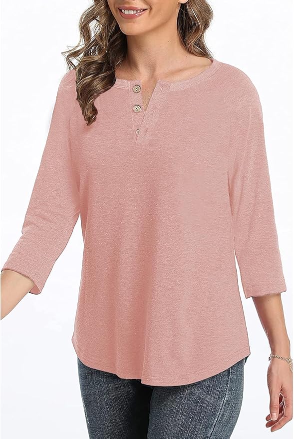 3/4 Sleeve Shirts for Women Crewneck Button Down Tunic Tops Raglan T Shirt
