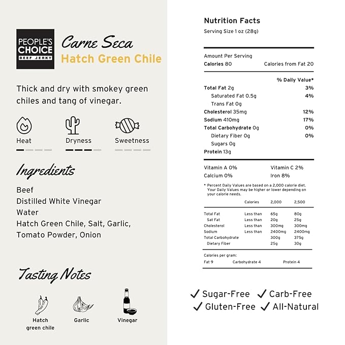 People’s Choice Beef Jerky – Carne Seca – Hatch Green Chile – 13g Protein – Sugar Free, Zero Carb, Keto Friendly – Dry Texture – Made in USA – 1 Pound (16 oz) Bag