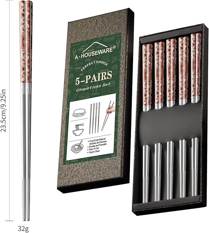 A·HOUSEWARE Copper Dragon Chopsticks Set Stainless Steel 316 Chop Sticks 5 Pairs Reusable Rose Gold Dinning Utensils Tableware Dishwasher Safe and Luxury Gift Box
