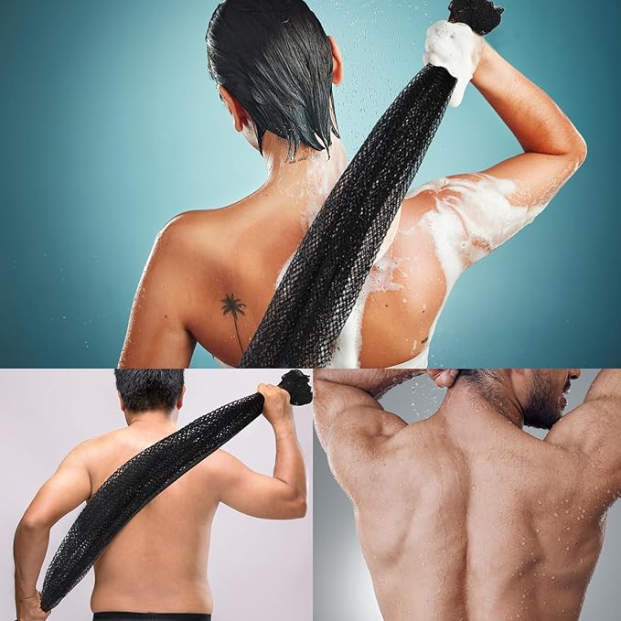African Net Long Bath Net Sponge,JASSINS Bathing Body Exfoliating Shower Body Back Scrubber Skin Smoother,Stretch Length to 66 INCH (Black)