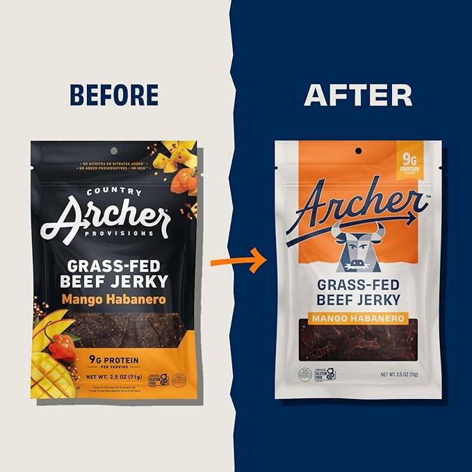 Country Archer Grass-Fed Beef Jerky - Beef Jerky Snack Pack, Beef Jerky Bulk, Individual Beef Jerky Pack, Protein Snack, Country Archer Beef Jerky, Gluten Free, Paleo - Mango Habanero, 2.5 oz (4 Pack)
