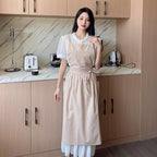 Pinafore Apron Dress，Japanese Cotton Linen Cross Back Apron for Women with Pockets，Pinafore Dress with Waist Ties (Wheat)