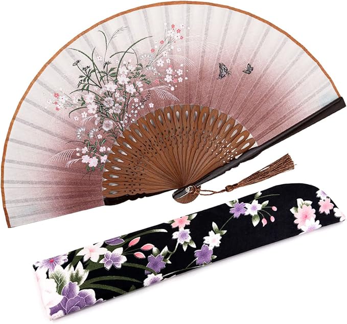 Amajiji 8.27"(21cm) Hand Held Bamboo Silk Folding Fan Hand Fan,Chinese/Japanese Charming Elegant Vintage Retro Style,Women Ladys Girls Best Gifts (Brown Grassflower)