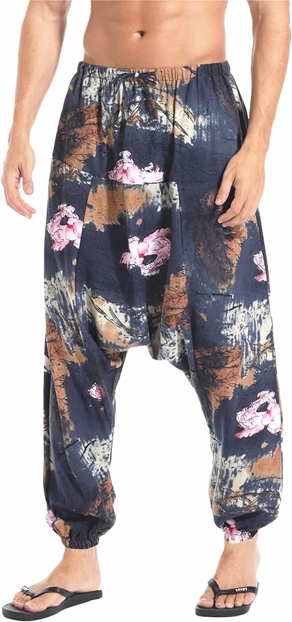 AITFINEISM Men's Drawstring Aladdin Hippie Harem Pants Loose Drop Crotch Trousers