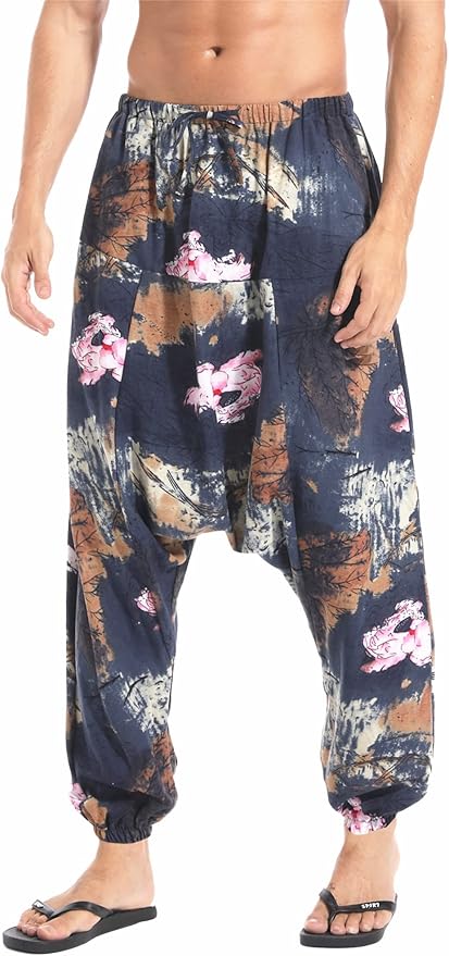 AITFINEISM Men's Drawstring Aladdin Hippie Harem Pants Loose Drop Crotch Trousers