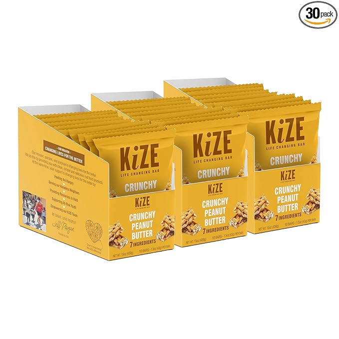 KiZE Energy Bars - Gluten Free, Dairy Free, Non-GMO, & High Protein Meal Replacement Energy Bars, Meal Bar, Clean & Simple Food Ingredients - Crunchy Peanut Butter, 7g High Protein Snacks, (30 Count)