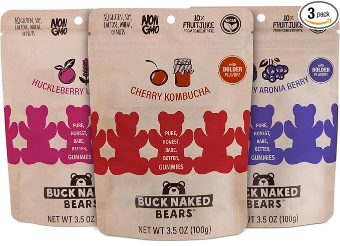 Buck Naked Bears - Gummy Candy 3-Pack - Cherry Kombucha & Huckleberry Lavender - Soft, Smooth, Fruity Snack - 3.5oz Each