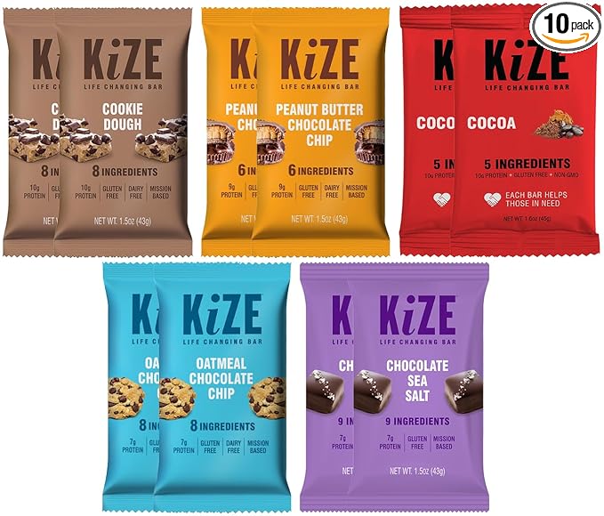 KiZE Energy Bars - Gluten Free, Dairy Free, Non-GMO, and High Protein Meal Replacement Energy Bars, Clean & Simple Food Ingredients - Chocolate Lovers Variety Pack, 9g High Protein Snacks, (10 Count)