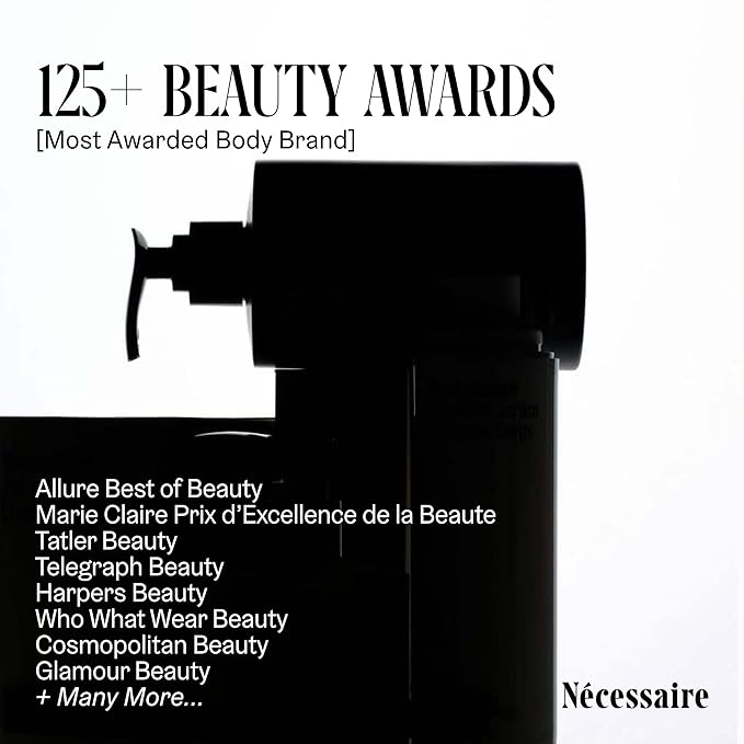 Nécessaire The Body Lotion with Pump. Olibanum. Multi-Peptide Firming to Moisturize + Strengthen. 2.5% Niacinamide, Vitamin C/E + Omega 6/9. Notes of Vanilla, Fig Leaf, & Cassis Buds. 450ml/15.2 fl oz