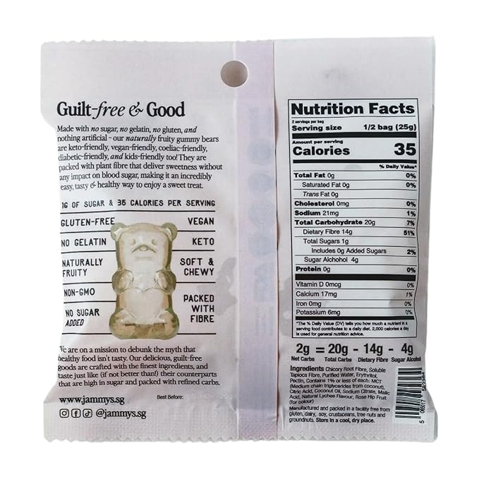 Jammy's™ - Lychee Gummy Bears | Sugar-Free & Vegan-Friendly | Keto-Friendly, Gluten-Free, Low Carb, High Fibre & Naturally Fruity | Delicious, Soft & Chewy | Box of 6 x 50g Bags