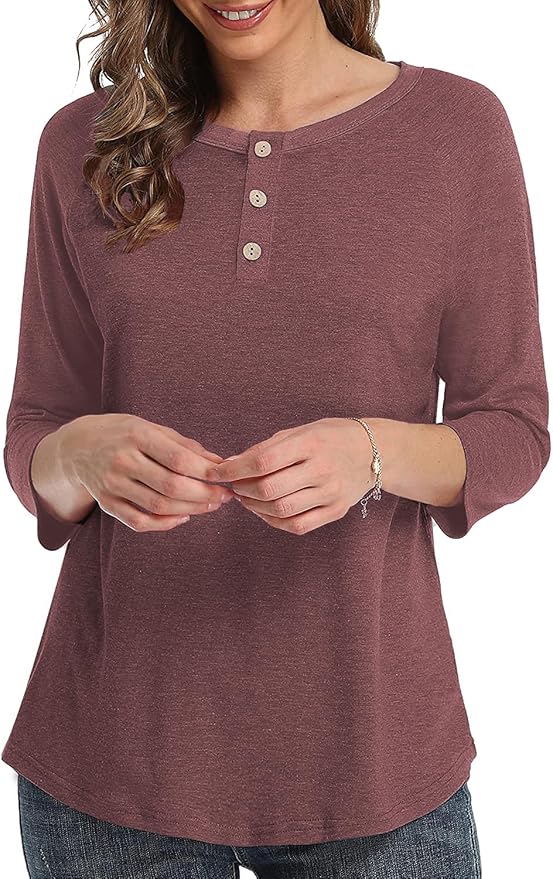 3/4 Sleeve Shirts for Women Crewneck Button Down Tunic Tops Raglan T Shirt
