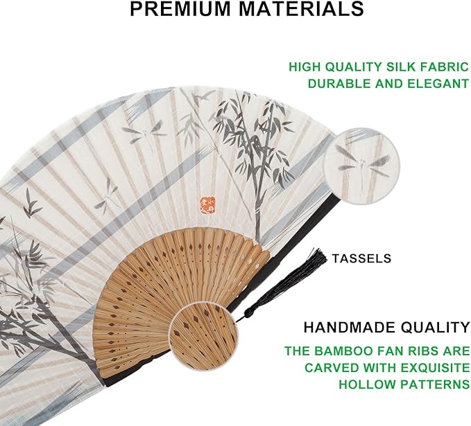Amajiji 8.27"(21cm) Hand Held Bamboo Silk Folding Fan Hand Fan,Chinese/Japanese Charming Elegant Vintage Retro Style,Women Ladys Girls Best Gifts (White Bamboo Forest)