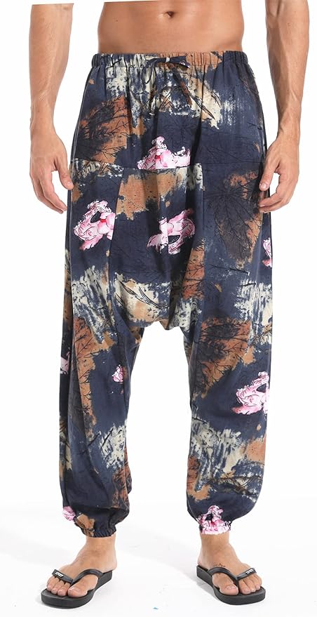 AITFINEISM Men's Drawstring Aladdin Hippie Harem Pants Loose Drop Crotch Trousers