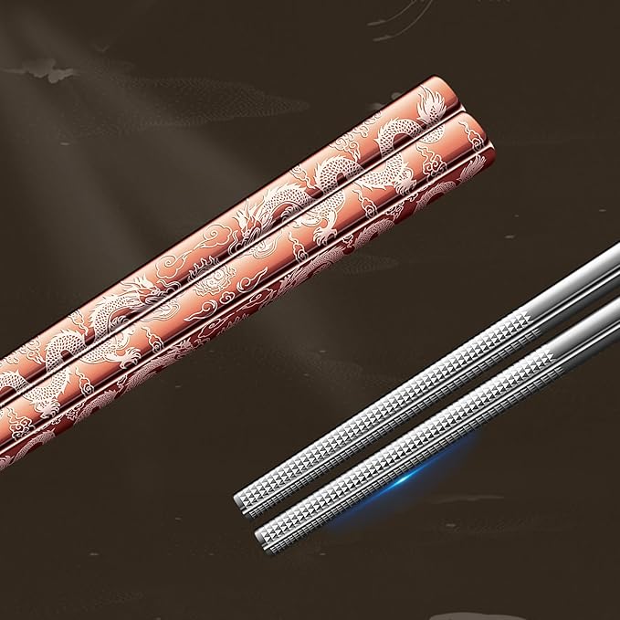 A·HOUSEWARE Copper Dragon Chopsticks Set Stainless Steel 316 Chop Sticks 5 Pairs Reusable Rose Gold Dinning Utensils Tableware Dishwasher Safe and Luxury Gift Box