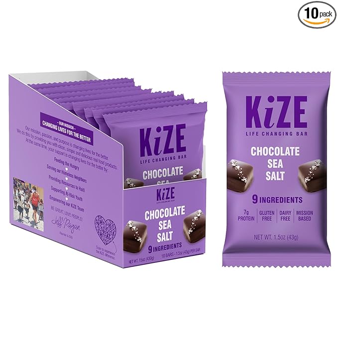 KiZE Energy Bars - Gluten Free, Dairy Free, Non-GMO, and High Protein Meal Replacement Energy Bars, Meal Bas, Clean & Simple Food Ingredients - Chocolate Sea Salt, 7g High Protein Snacks, (10 Count)
