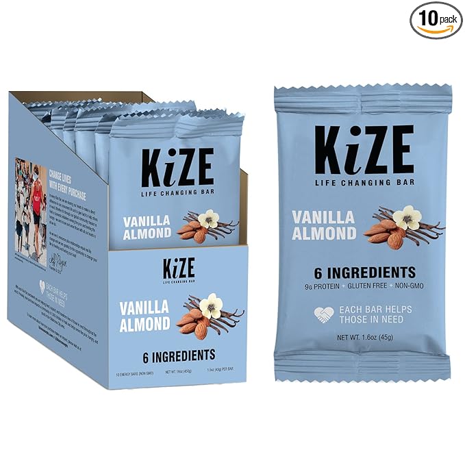 KiZE Energy Bars - Gluten Free, Dairy Free, Non-GMO, and High Protein Meal Replacement Energy Bars, Meal Bar, Clean and Simple Food Ingredients - Vanilla Almond, 9g High Protein Snacks, (10 Count)