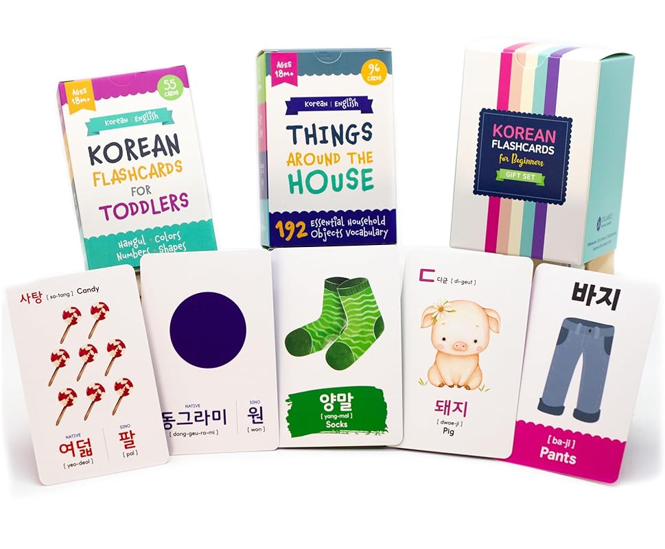 2-Pack Gift Set Korean Alphabet Flashcards for Toddlers, Preschoolers & Beginners | Hangul, Numbers, Colors, Shapes, + 196 Common Household Items Vocabulary