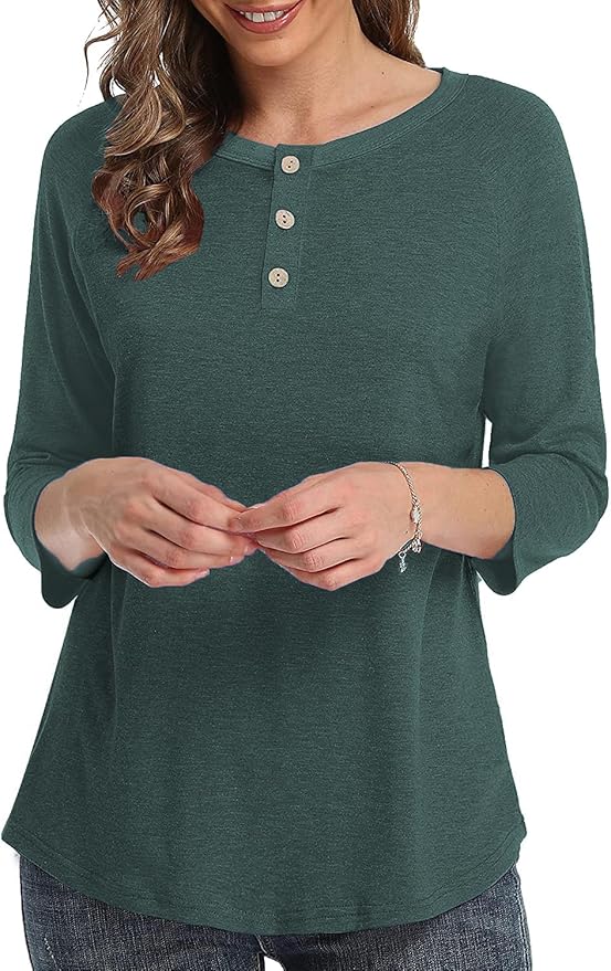 3/4 Sleeve Shirts for Women Crewneck Button Down Tunic Tops Raglan T Shirt