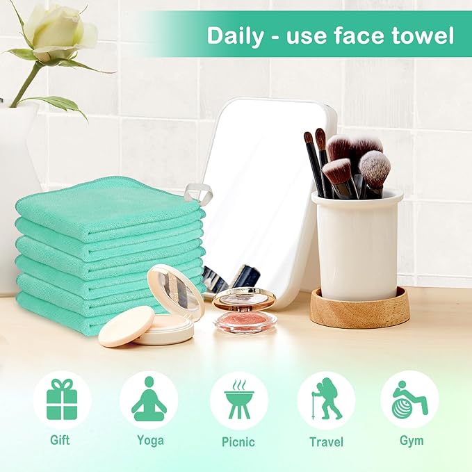 Makeup Remover Cloth 12 x 12 Inch, Reusable Makeup Remover Towels for Washing Face, 6 Pack Washable Microfiber Face Cloth Fast Drying Washcloth, Green