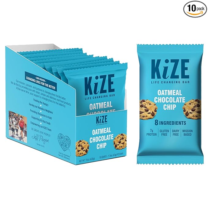 KiZE Energy Bars - Oatmeal Chocolate Chip - Gluten Free, Dairy Free, Non-GMO, and High Protein Meal Replacement Energy Bars, Clean and Simple Food Ingredients - Cookie Dough, 7g High Protein Snacks, (10 Count)