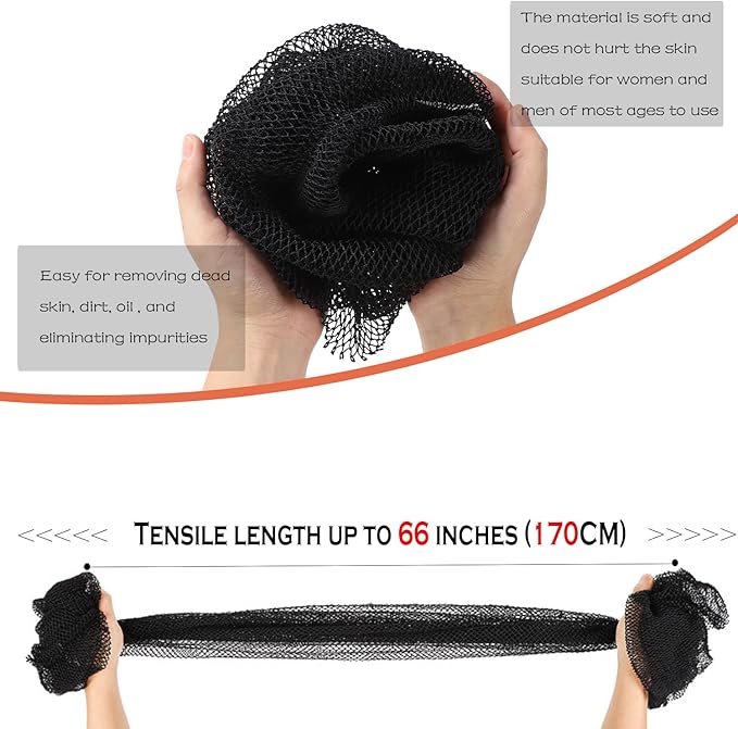 African Net Long Bath Net Sponge,JASSINS Bathing Body Exfoliating Shower Body Back Scrubber Skin Smoother,Stretch Length to 66 INCH (Black)