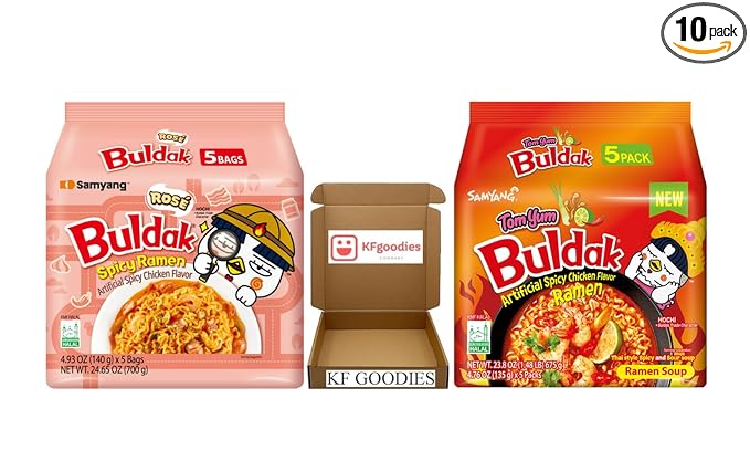 Samyang Buldak Hot Spicy Chicken Ramen Noodle Korean Stir-Fried Ramen (10 Pack, Rosé & Tom Yum) 5 Pack Each