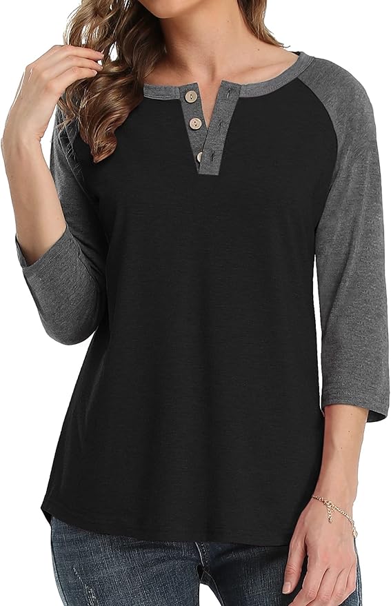 3/4 Sleeve Shirts for Women Crewneck Button Down Tunic Tops Raglan T Shirt