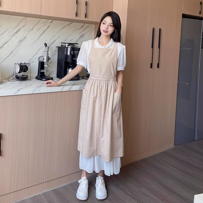 Pinafore Apron Dress，Japanese Cotton Linen Cross Back Apron for Women with Pockets，Pinafore Dress with Waist Ties (Wheat)