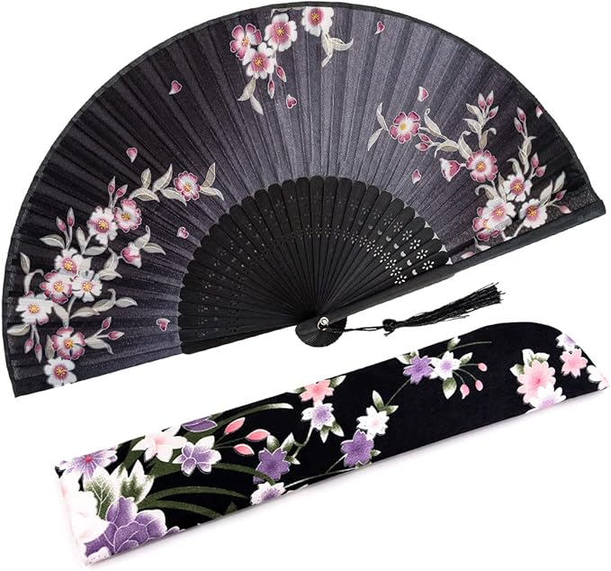 Amajiji 8.27"(21cm) Hand Held Bamboo Silk Folding Fan Hand Fan,Chinese/Japanese Charming Elegant Vintage Retro Style,Women Ladys Girls Best Gifts (Black Redbud)