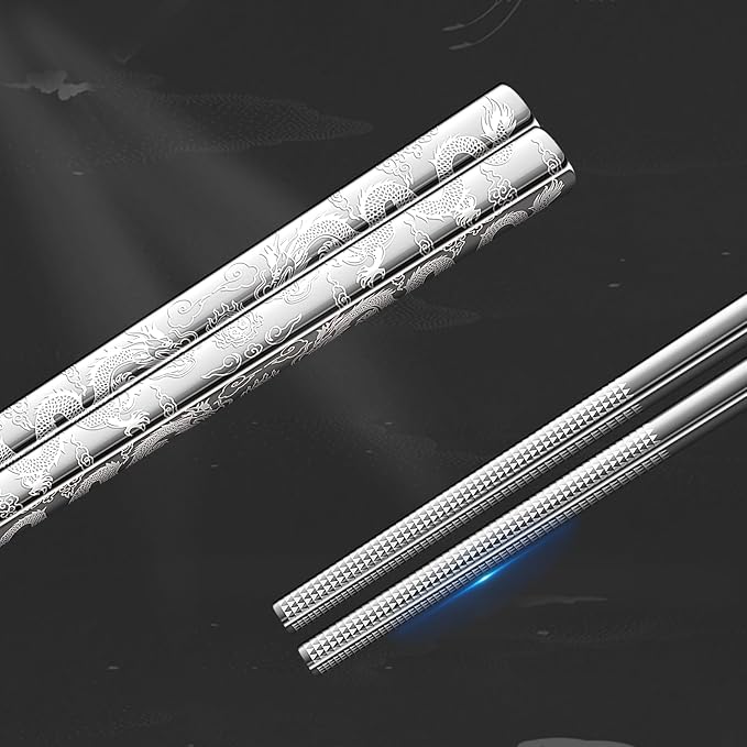 5 Pairs Dragon Chopsticks Set Premium Stainless Steel 316 Kitchen Dinning Utensils Silver Reusable Metal Chop Sticks Tableware Gift Set 9.26 Inches