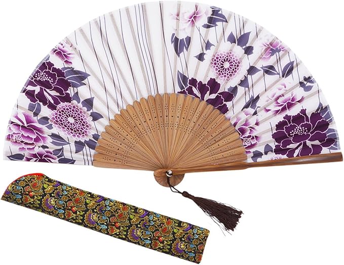 Amajiji 8.27"(21cm) Hand Held Bamboo Silk Folding Fan Hand Fan,Chinese/Japanese Charming Elegant Vintage Retro Style,Women Ladys Girls Best Gifts (LXHS1)
