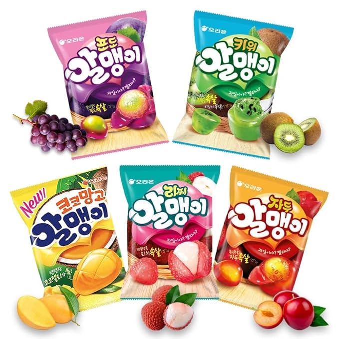 Korean Fruit Jelly Candy – Assorted Chewy Gummy Snacks – 5 Fruity Flavors (Grape, Plum, Lychee, Kiwi, Mango) – Individually Wrapped – Perfect for Kids & Adults – 알맹이젤리 (5 Flavor Mix–2.4oz(67g) × 5pack)