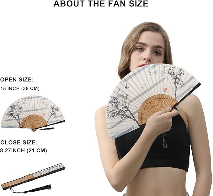 Amajiji 8.27"(21cm) Hand Held Bamboo Silk Folding Fan Hand Fan,Chinese/Japanese Charming Elegant Vintage Retro Style,Women Ladys Girls Best Gifts (White Bamboo Forest)