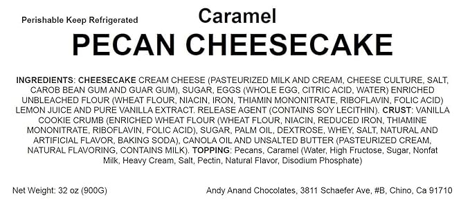 Andy Anand Caramel Pecan Cheesecake 9" | Freshly Baked, All-Natural | Made with Real California Cream Cheese, No Chemicals or Preservatives | Amazingly Delicious & Decadent (2.8 lbs)
