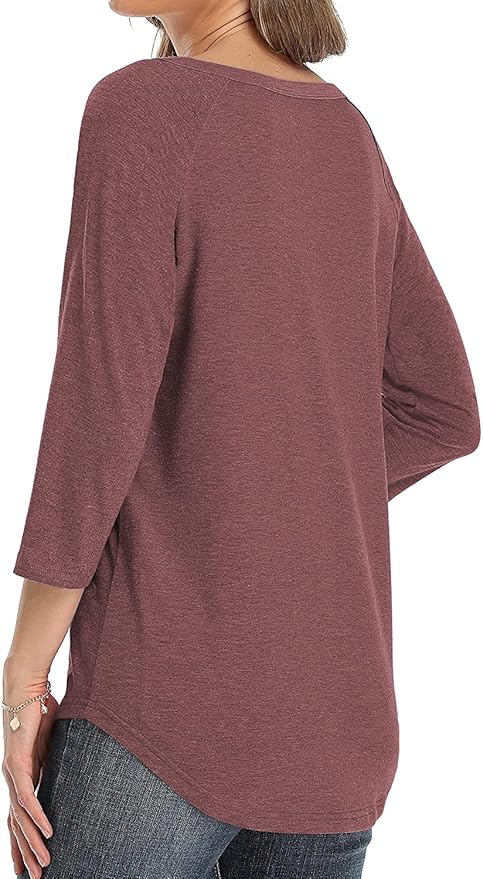 3/4 Sleeve Shirts for Women Crewneck Button Down Tunic Tops Raglan T Shirt