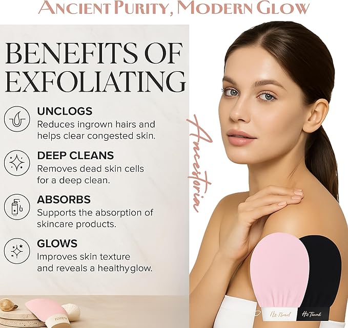 Ancestoria Korean Exfoliating Gloves for Shower, Pink and Black, 2-Pack, Deep Exfoliating Mitts for Body, Reusable and Chemical-Free, A HerTime2 Brand