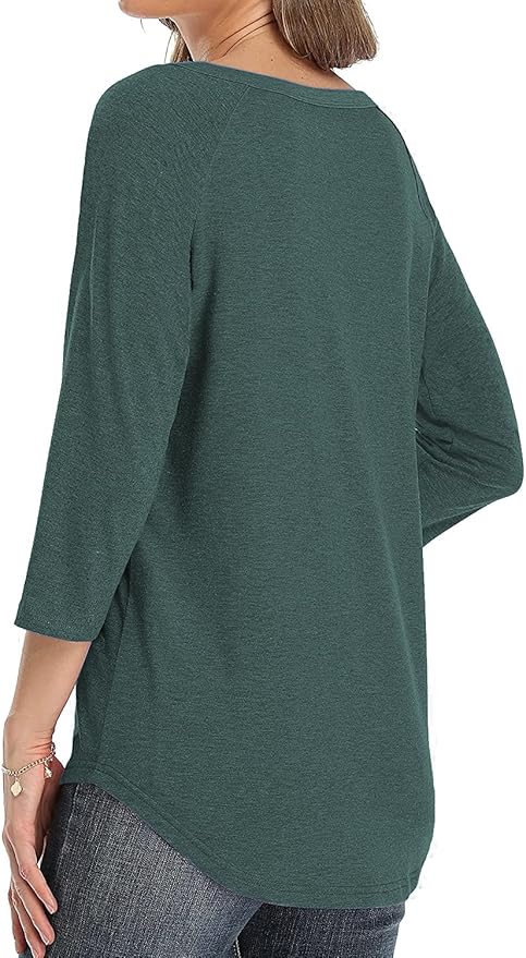 3/4 Sleeve Shirts for Women Crewneck Button Down Tunic Tops Raglan T Shirt
