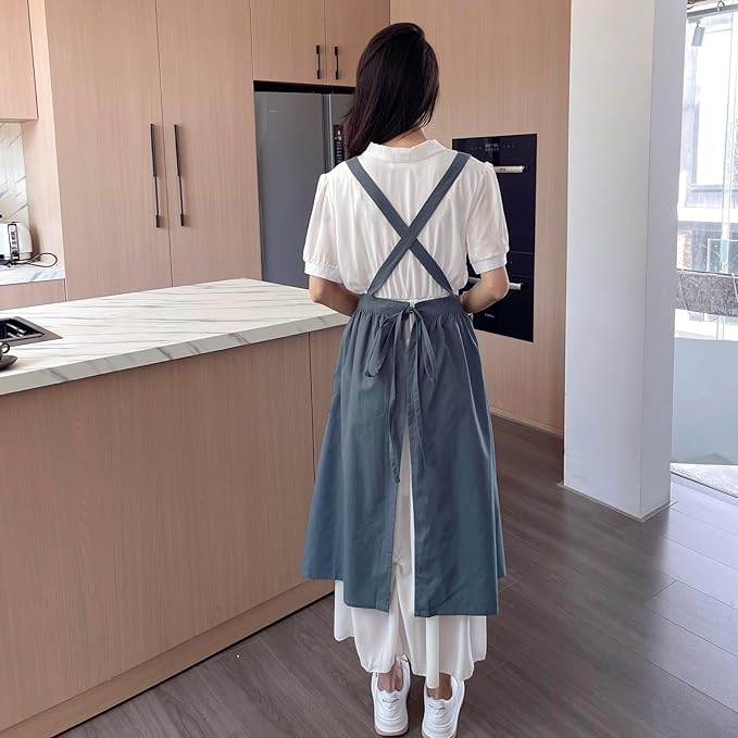 Pinafore Apron Dress，Japanese Cotton Linen Cross Back Apron for Women with Pockets，Pinafore Dress with Waist Ties (Turquoise Blue)