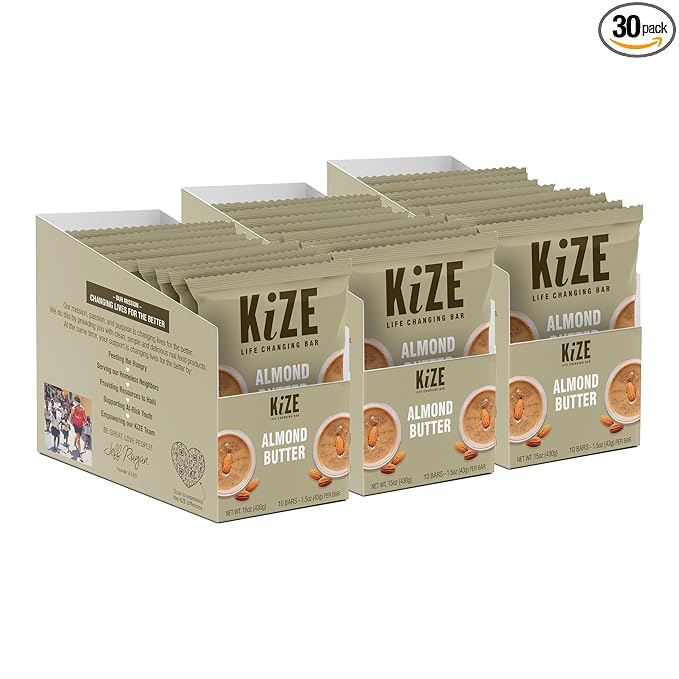 KiZE Energy Bars - Gluten Free, Dairy Free, Non-GMO, and High Protein Meal Replacement Energy Bars, Meal Bar, Clean and Simple Food Ingredients - Almond Butter, 10g High Protein Snacks, (30 Count)