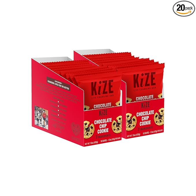 KiZE Energy Bars - Gluten Free, Dairy Free, Non-GMO, and High Protein Meal Replacement Energy Bars, Clean and Simple Food Ingredients - Chocolate Chip Cookie, 10g High Protein Snacks, (20 Count)