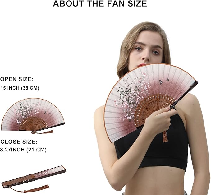 Amajiji 8.27"(21cm) Hand Held Bamboo Silk Folding Fan Hand Fan,Chinese/Japanese Charming Elegant Vintage Retro Style,Women Ladys Girls Best Gifts (Brown Grassflower)