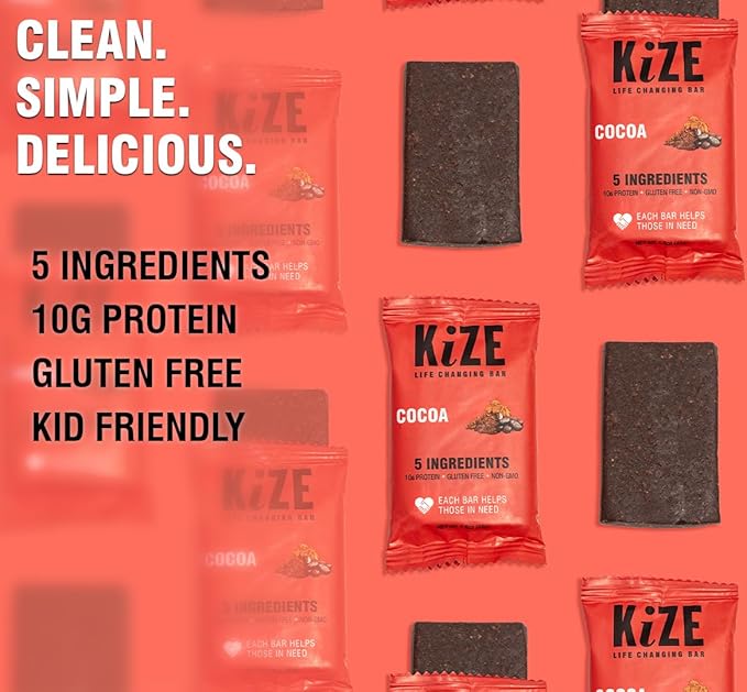 KiZE Energy Bars - Gluten Free, Dairy Free, Nut Free, Non-GMO, and High Protein Meal Replacement Energy Bars, Meal Bar, Clean and Simple Food Ingredients - Cocoa, 9g High Protein Snacks, (10 Count)