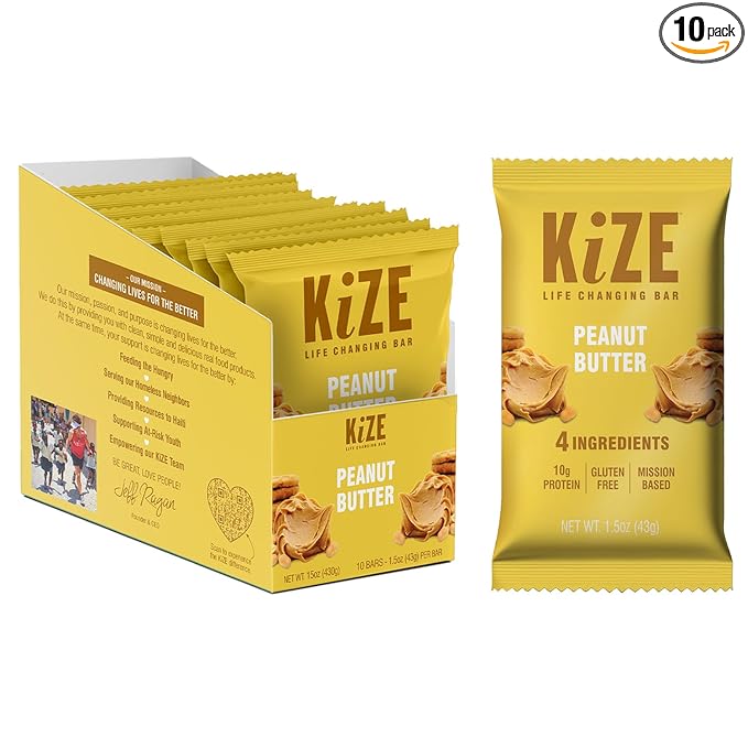 KiZE Energy Peanut Butter High Protein Snack Bars, 10 Count, 10g Grass-Fed Whey Protein, Gluten Free, Non-GMO, Soy Free, Mission Based, Made in USA