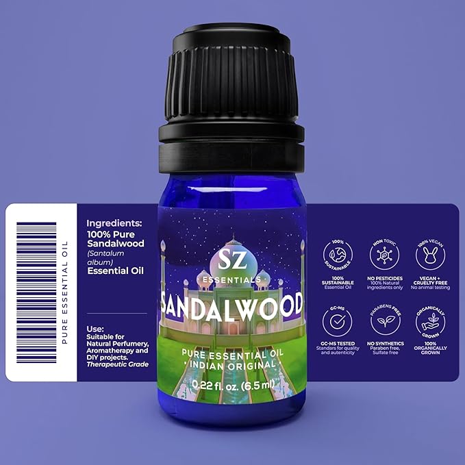 Sandalwood Essential Oil, 100% Pure, Natural Oil - (Santalum Album) Indian Sandalwood - Deep, Woody, Balsamic Scent with Delicious Aroma - Therapeutic Grade & Vegan - 0.22oz (6.5ml)