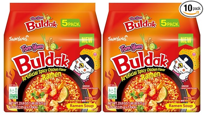 Samyang Buldak Hot Spicy Chicken Ramen Noodle Korean Stir-Fried Ramen (10 Pack - Tom Yum)