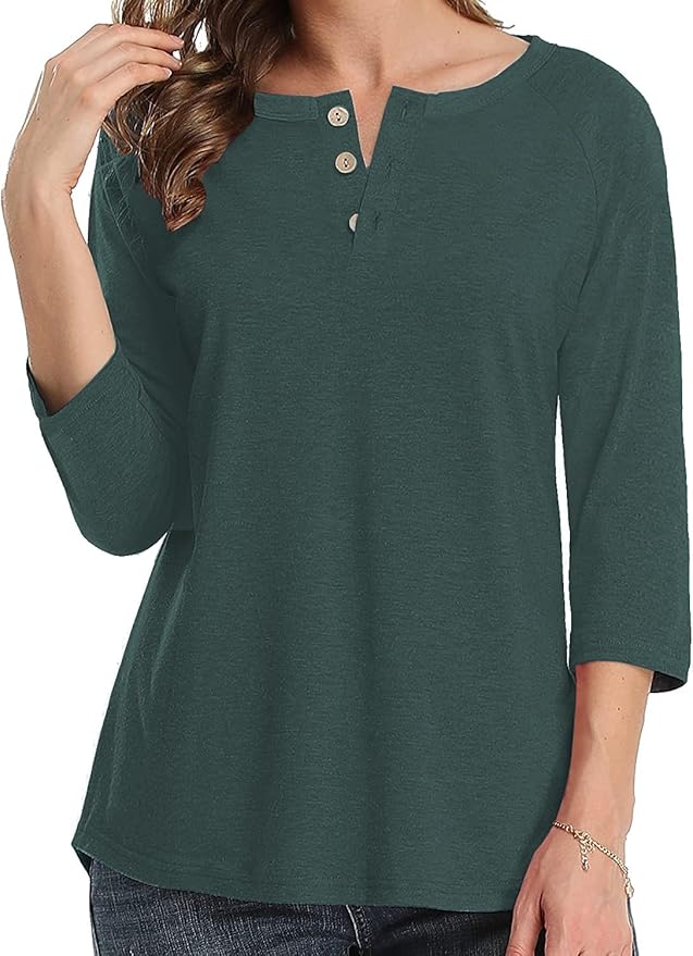 3/4 Sleeve Shirts for Women Crewneck Button Down Tunic Tops Raglan T Shirt