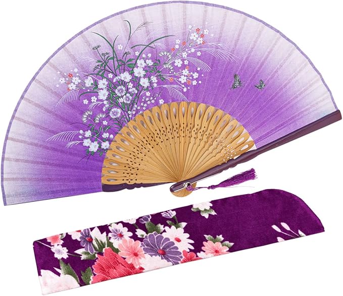 Amajiji 8.27"(21cm) Hand Held Bamboo Silk Folding Fan Hand Fan,Chinese/Japanese Charming Elegant Vintage Retro Style,Women Ladys Girls Best Gifts (Purple Grassflower)