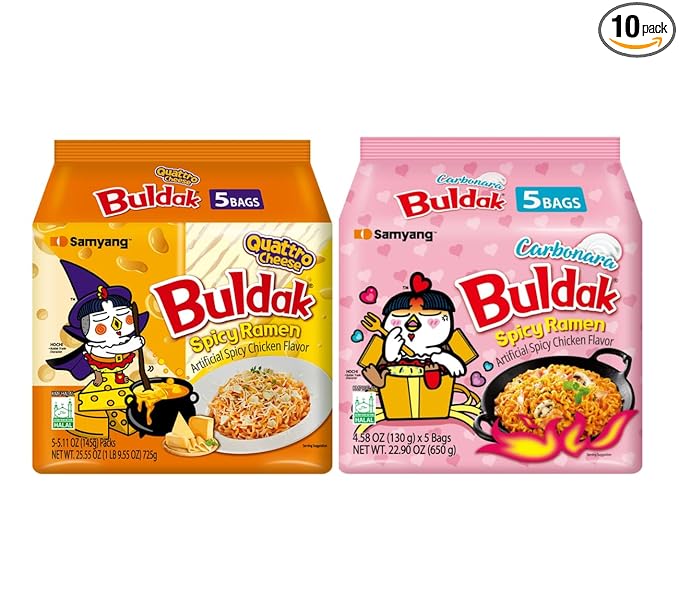 Samyang Buldak Hot Spicy Chicken Ramen Noodle Korean Stir-Fried Ramen (10 Pack, Carbonara & Quattro Cheese) 5 Pack Each
